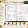 family tree organizer open book displaying structured pedigree charts and genealogy tracking pages for multiple generations