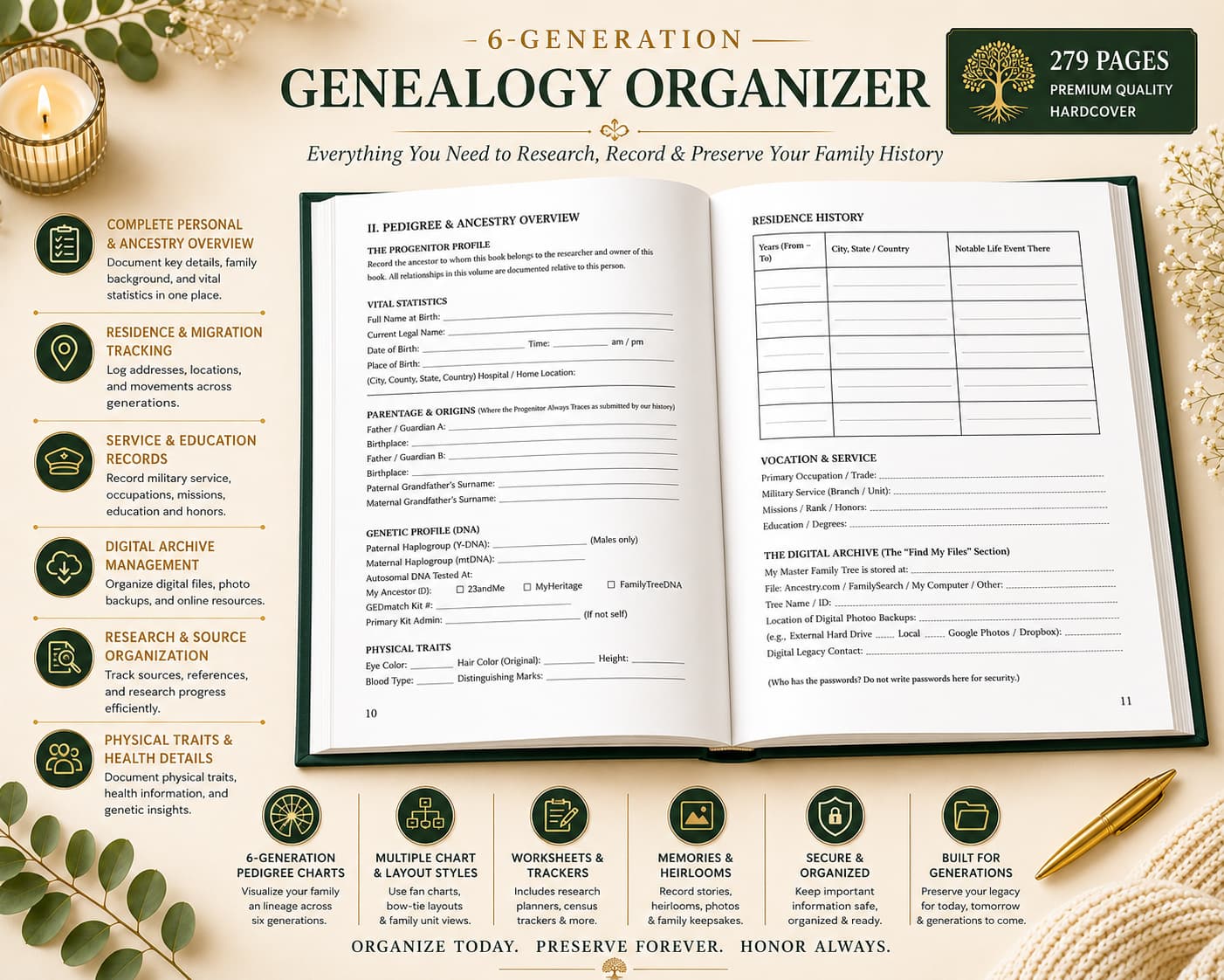family tree organizer open book displaying structured pedigree charts and genealogy tracking pages for multiple generations