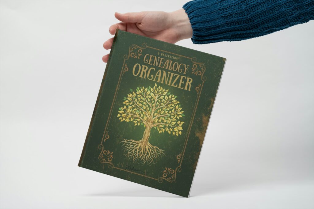 6-Generation Genealogy Organizer 2 Top-down view of a person holding a green genealogy book with a gold tree of life design on the cover, set against a grey textured blanket.