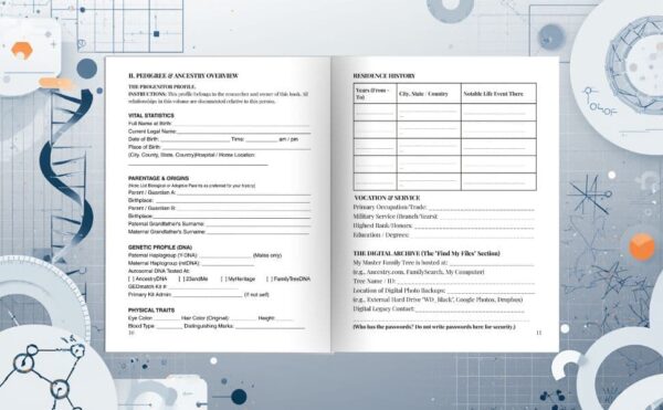 6-Generation Genealogy Organizer | Interior Ancestry Charts & Research Pages A high-quality interior spread of the 6-Generation Genealogy Organizer, featuring a detailed "Progenitor Profile" page for vital statistics and a "Residence History" log, set against a clean, technical background.