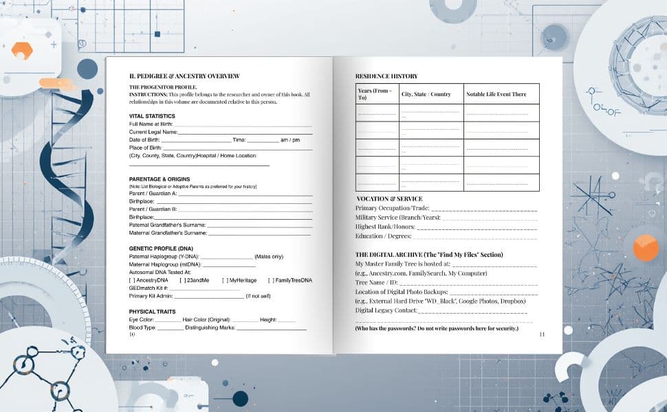 6-Generation Genealogy Organizer 5 A high-quality interior spread of the 6-Generation Genealogy Organizer, featuring a detailed "Progenitor Profile" page for vital statistics and a "Residence History" log, set against a clean, technical background.