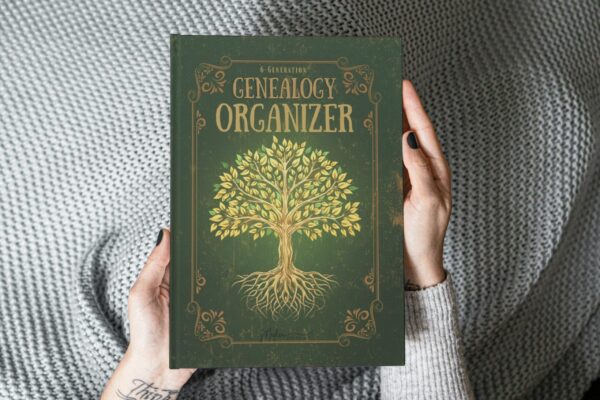 Hand-Held 6-Generation Genealogy Organizer A person in a teal sweater holding up the green 6-Generation Genealogy Organizer book against a plain grey studio background.