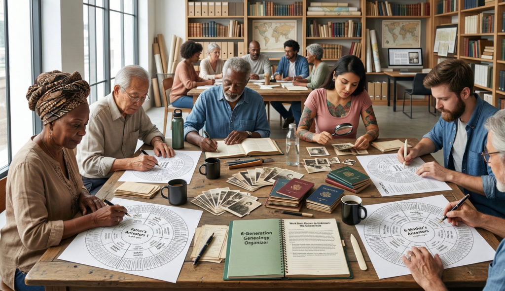 What is the Golden Rule of Genealogy? 5 Essential Tips for Success 3 Archivist’s tools, a digital tablet, and a populated 6-generation chart demonstrating What is the Golden Rule of Genealogy.