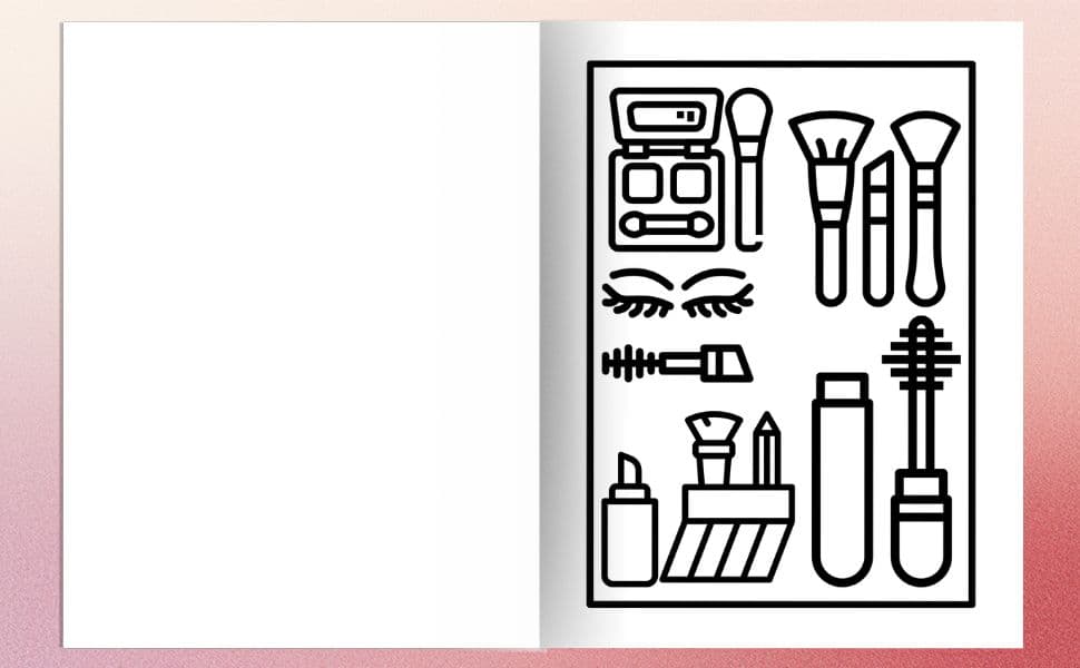 Beauty Cosmetics Coloring Book 5 Intricate line drawings of eyeshadow palettes and cosmetic bottles in the Glow Cosmetics Coloring Book.
