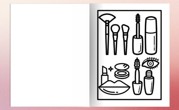 Glow Cosmetics Coloring Book Professional Tools Page A black and white coloring page from the Glow Cosmetics Coloring Book featuring makeup brushes and eye makeup tools.