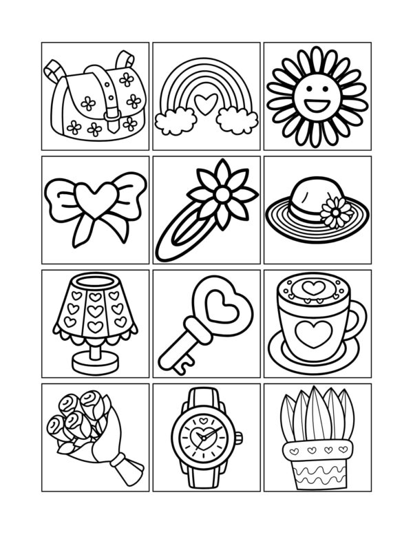 Simple line drawings of a watch, coffee cup, and flowers in the Simple Satisfying Patterns Coloring Book.
