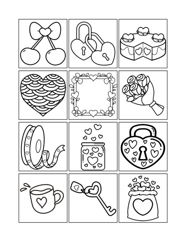 Cozy lifestyle icons like coffee cups and sunshine from the simple satisfying patterns coloring book.