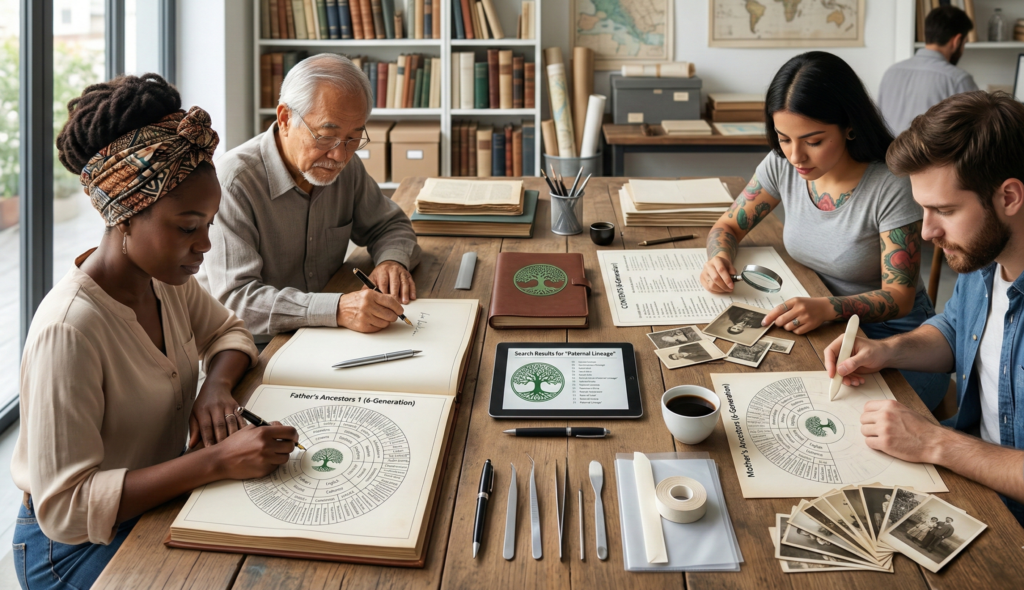 What is the Golden Rule of Genealogy? 5 Essential Tips for Success 2 An open genealogy workbook and vintage photos on a wooden desk, illustrating What is the Golden Rule of Genealogy.
