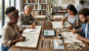 An open genealogy workbook and vintage photos on a wooden desk, illustrating What is the Golden Rule of Genealogy.