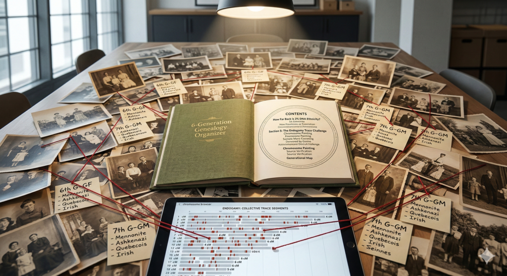 How Far Back is 2% DNA Ethnicity? 7 Crucial Insights for Your Tree 2 Overwhelming web of vintage photos and labels showing '6th G-GF' connected to an 'ENDOGAMY' chromosome browser.