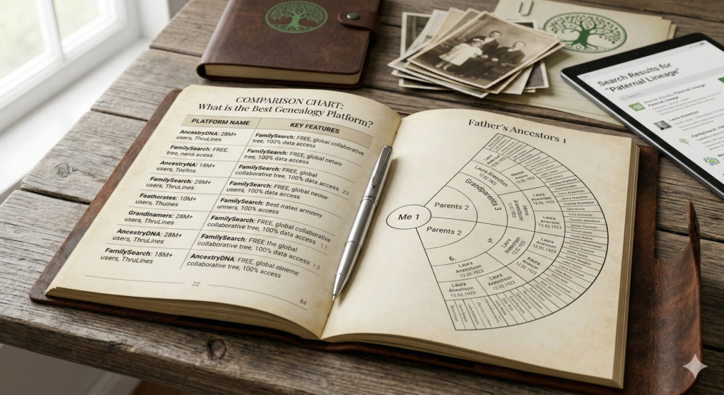 Ultimate Guide 2026: What is the Best Genealogy Platform for Your Family History? 2 A genealogy research desk with a notebook open to a guide on What is the Best Genealogy Platform for your family tree.
