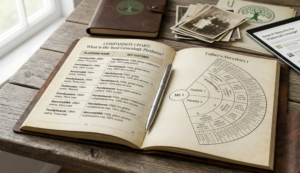 A genealogy research desk with a notebook open to a guide on What is the Best Genealogy Platform for your family tree.