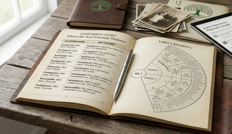 A genealogy research desk with a notebook open to a guide on What is the Best Genealogy Platform for your family tree.