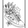 Flowers coloring book black and white page with sneaker filled with flowers and leaves