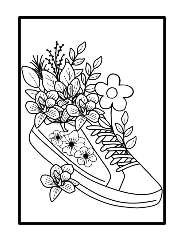 Flowers coloring book black and white page with sneaker filled with flowers and leaves