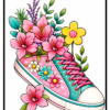 Flowers coloring book colored page with sneaker filled with colorful flowers and leaves