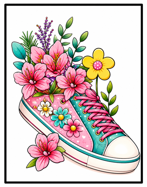 Flowers coloring book colored page with sneaker filled with colorful flowers and leaves