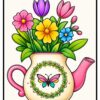 Flowers coloring book colored page with vibrant teapot and floral arrangement