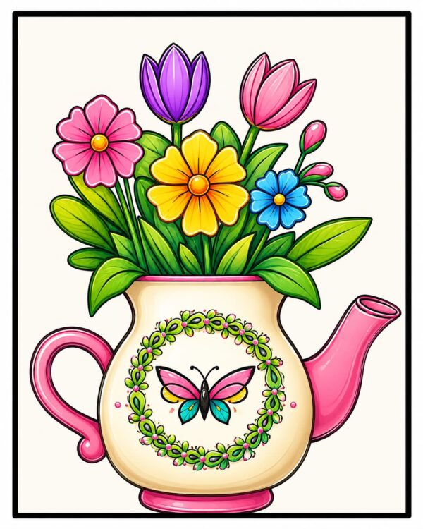 Flowers coloring book colored page with vibrant teapot and floral arrangement