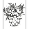 Flowers coloring book interior page featuring a floral bouquet in a vase with gift and envelope, clean bold line art for coloring