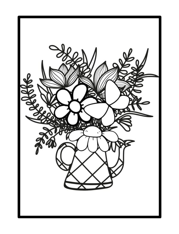 Flowers coloring book interior page featuring a floral bouquet in a vase with gift and envelope, clean bold line art for coloring