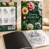 Flowers coloring book displayed in a cozy lifestyle setting with front cover, back cover, and open interior pages on a wooden table