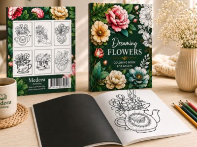 Flowers coloring book displayed in a cozy lifestyle setting with front cover, back cover, and open interior pages on a wooden table