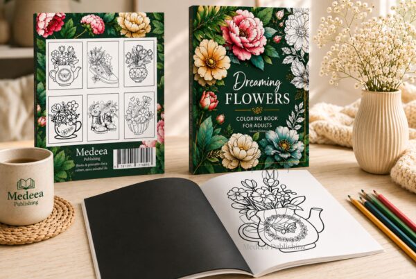 Flowers coloring book displayed in a cozy lifestyle setting with front cover, back cover, and open interior pages on a wooden table