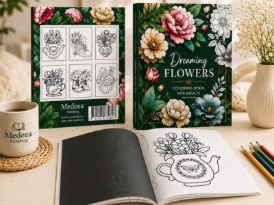 Flowers coloring book displayed in a cozy lifestyle setting with front cover, back cover, and open interior pages on a wooden table
