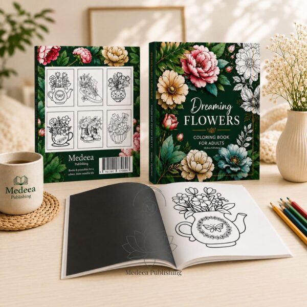 Flowers coloring book lifestyle mockup with front, back cover and interior pages Flowers coloring book displayed in a cozy lifestyle setting with front cover, back cover, and open interior pages on a wooden table