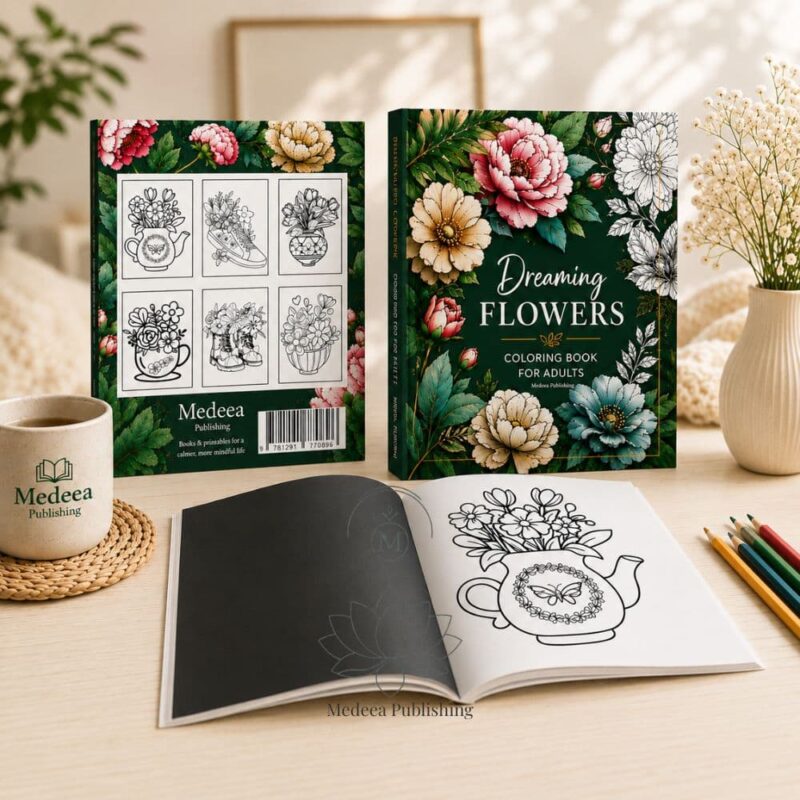 Flowers coloring book displayed in a cozy lifestyle setting with front cover, back cover, and open interior pages on a wooden table