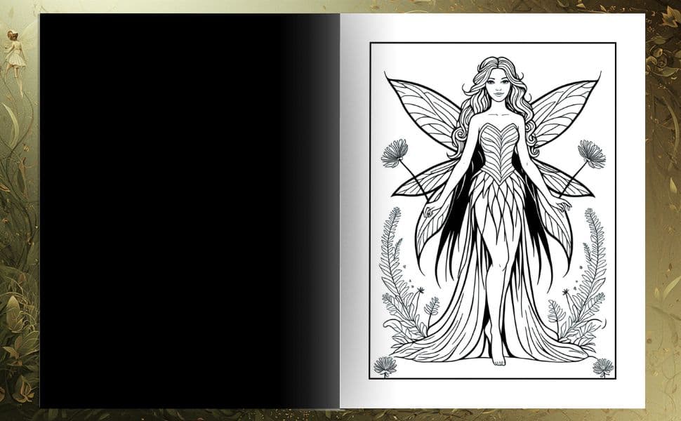 The Most Enchanting Forest Fairy Coloring Book: 50 Magical Pages 4 A black and white line art page from the Forest Fairy Coloring Book featuring a regal fairy in a leaf-styled dress.