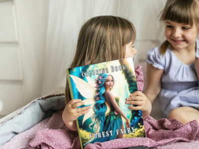 Forest Fairy Coloring Book Creative Play Two young girls smiling and looking at the Forest Fairy Coloring Book by Medeea Publishing.