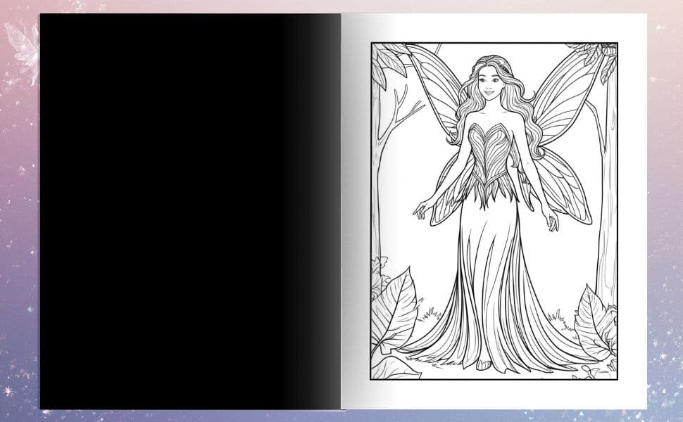 The Most Enchanting Forest Fairy Coloring Book: 50 Magical Pages 5 An intricate coloring page from the Forest Fairy Coloring Book showing a fairy standing in a magical garden with a lantern.