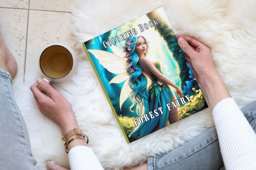 The Most Enchanting Forest Fairy Coloring Book: 50 Magical Pages 3 A Forest Fairy Coloring Book placed on a white fur rug next to a cup of warm tea.