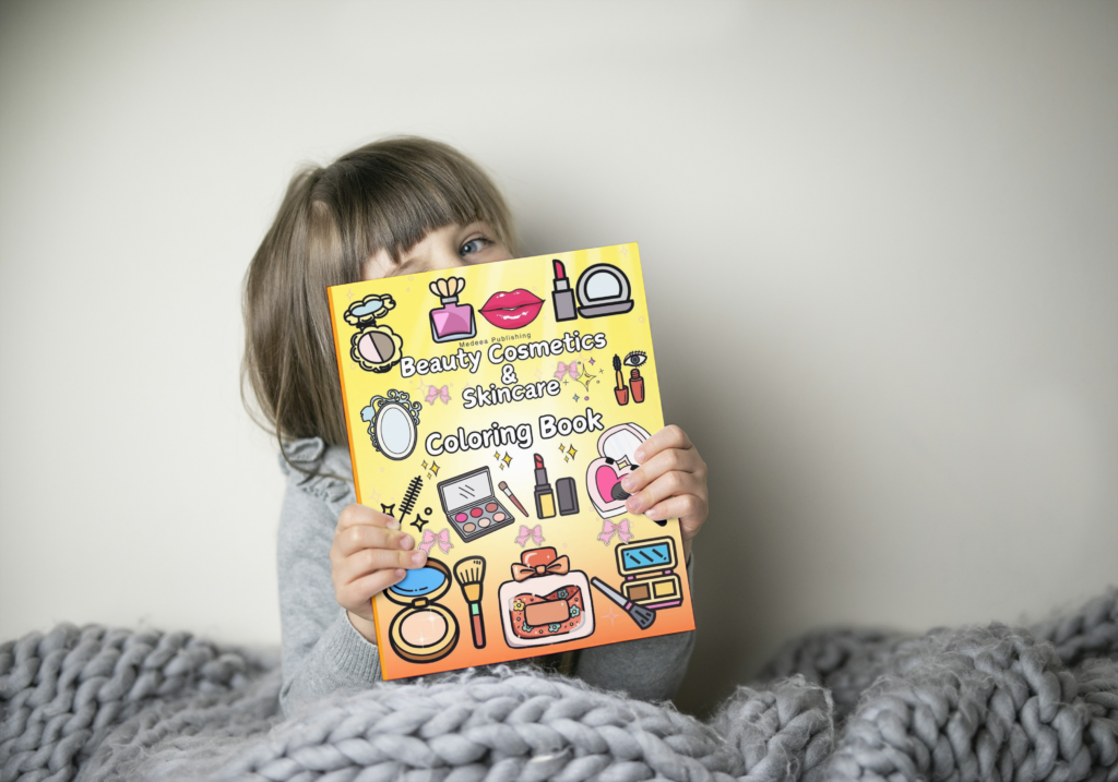 Beauty Cosmetics Coloring Book 2 A young girl holding the Beauty Cosmetics Coloring Book by Medeea Publishing.