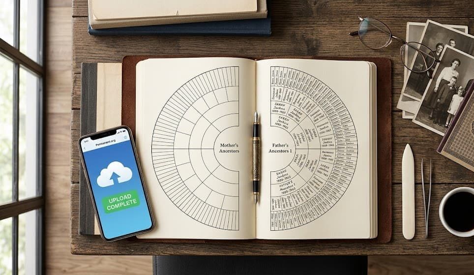 Open 6-Generation Genealogy Organizer and a smartphone showing an "UPLOAD COMPLETE" message to a cloud service, illustrating the ideal hybrid system.