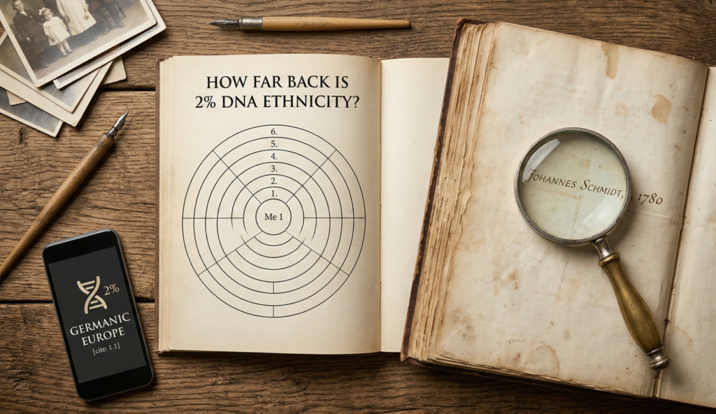 How Far Back is 2% DNA Ethnicity? 7 Crucial Insights for Your Tree 1 Magnifying glass highlighting a 1780 birth entry for 'Johannes Schmidt,' answering How far back is 2% DNA ethnicity.