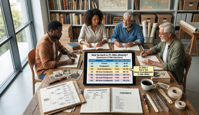 Infographic guide answering How far back is 2% DNA ethnicity for 3rd and 4th great-grandparents.