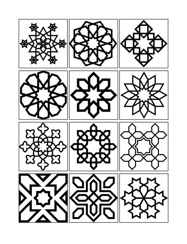 Simple satisfying patterns coloring book page featuring hearts, ribbons, and cute locks.