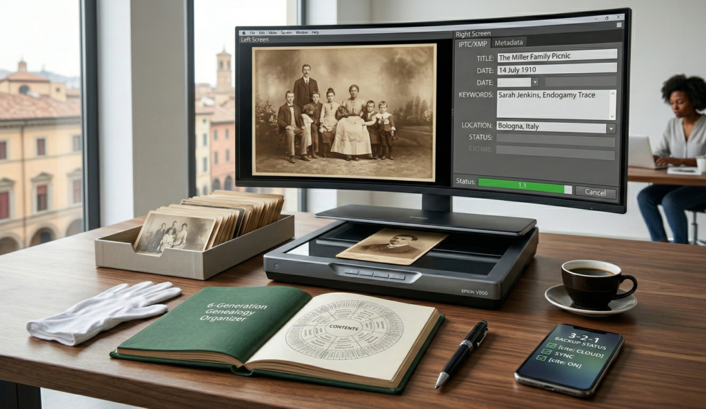 Computer showing a 1910 scan next to an IPTC/XMP panel, solving What can I do with thousands of old family photos.