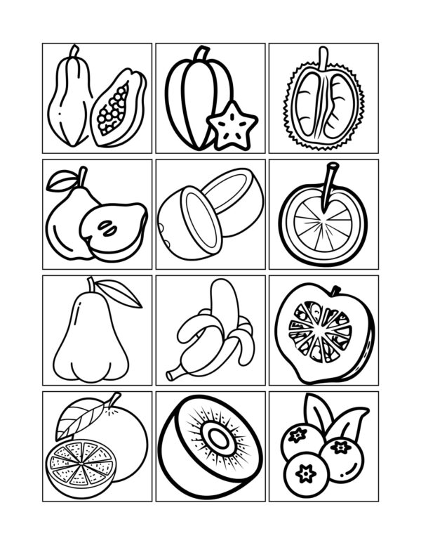 Bold fruit illustrations including bananas and kiwi in the Simple Satisfying Patterns Coloring Book.
