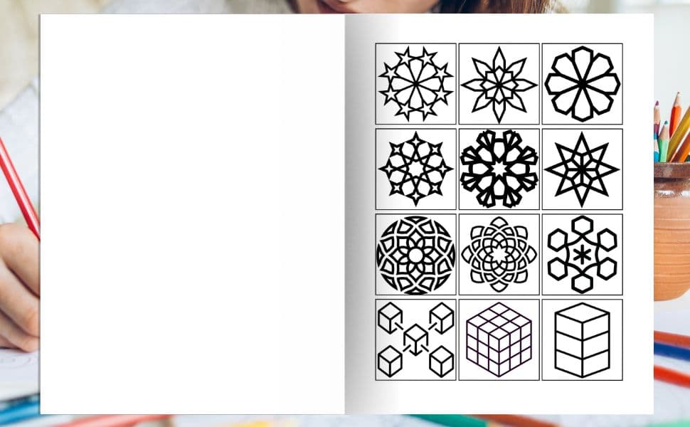 ntricate geometric star and mandala line art from the Simple Satisfying Patterns Coloring Book.
