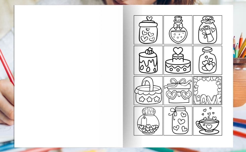 Coloring page with jars of hearts, cakes, and gift boxes from the Simple Satisfying Patterns Coloring Book