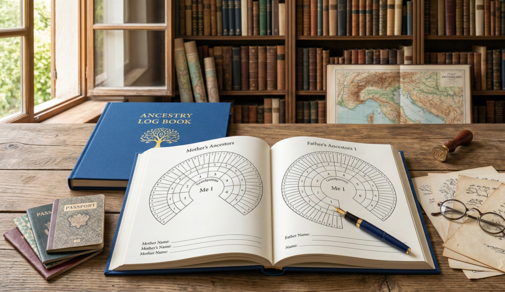 What is the Golden Rule of Genealogy? 5 Essential Tips for Success 1 A detailed list in a journal titled What is the Golden Rule of Genealogy, alongside a 6-generation fan chart and a pen