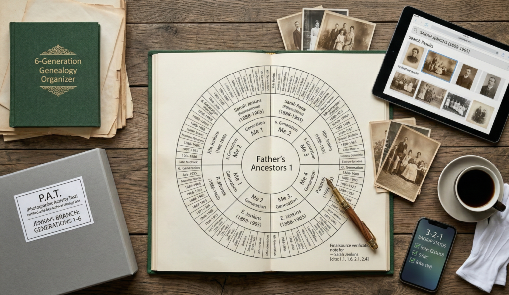 A completed 6-Generation Genealogy Organizer and a tablet searching 'Sarah Jenkins,' answering What can I do with thousands of old family photos.