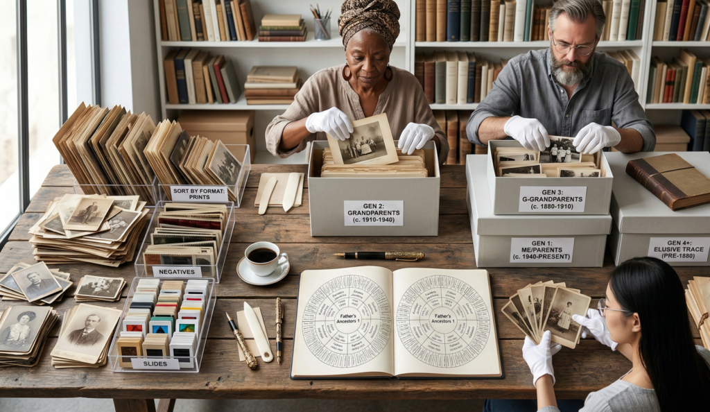 Collaborative workshop wearing gloves sorting What can I do with thousands of old family photos into generational boxes.