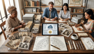 A collaborative hybrid workshop: Archivists sort vintage prints near a tablet detailing What can I do with thousands of old family photos using the 3-2-1 backup rule.