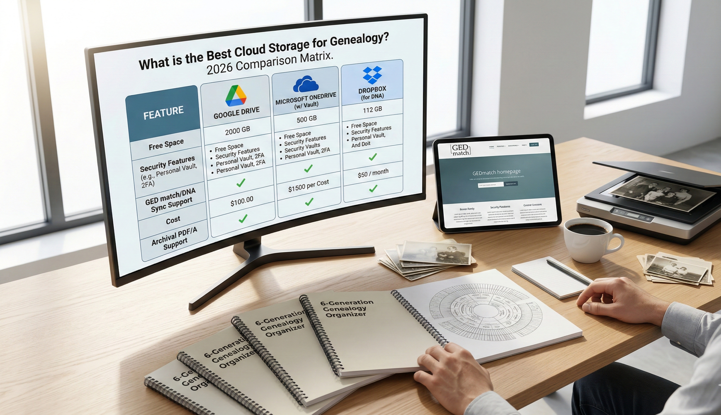 A 2026 computer comparison matrix for Google Drive, OneDrive, and Dropbox, used to select What is the Best Cloud Storage for Genealogy.
