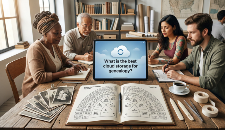 A comparison list in an open journal titled What is the Best Cloud Storage for Genealogy, alongside a populated fan chart and a pen.